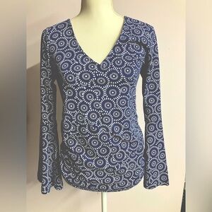 Zig Zag Organic Dandelion Women’s Top/Blouse, M, Bell Sleeves, Navy Blue/White